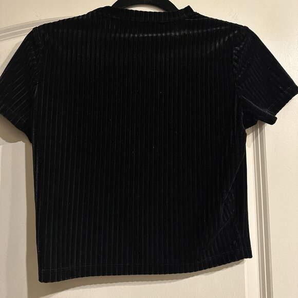 Disturbia Rosaline Velour Rib Crop Top Black Velvet Rose Embroidered High Neck - Picture 2 of 4